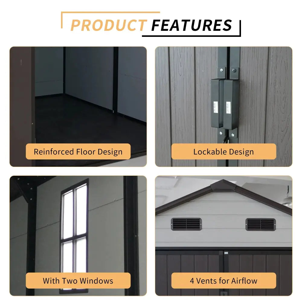 Gray and white 8x8 ft weatherproof resin storage shed with aluminum frame lockable doors two windows and vents