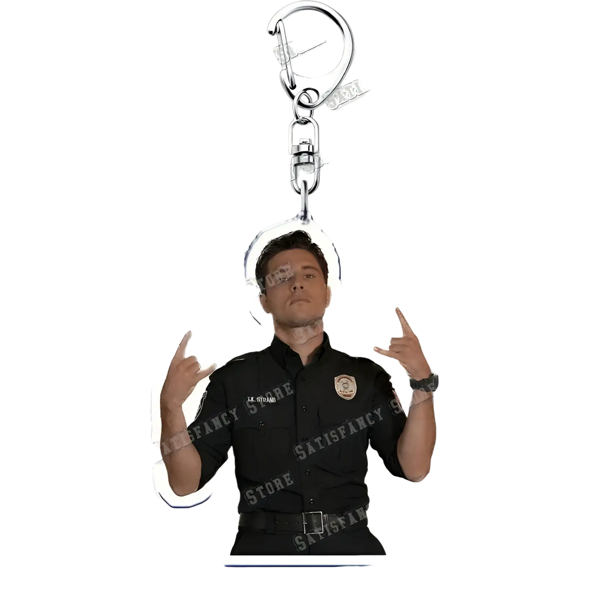 Black acrylic 9-1-1 tv show keychain featuring a character in police uniform making rock hand gestures