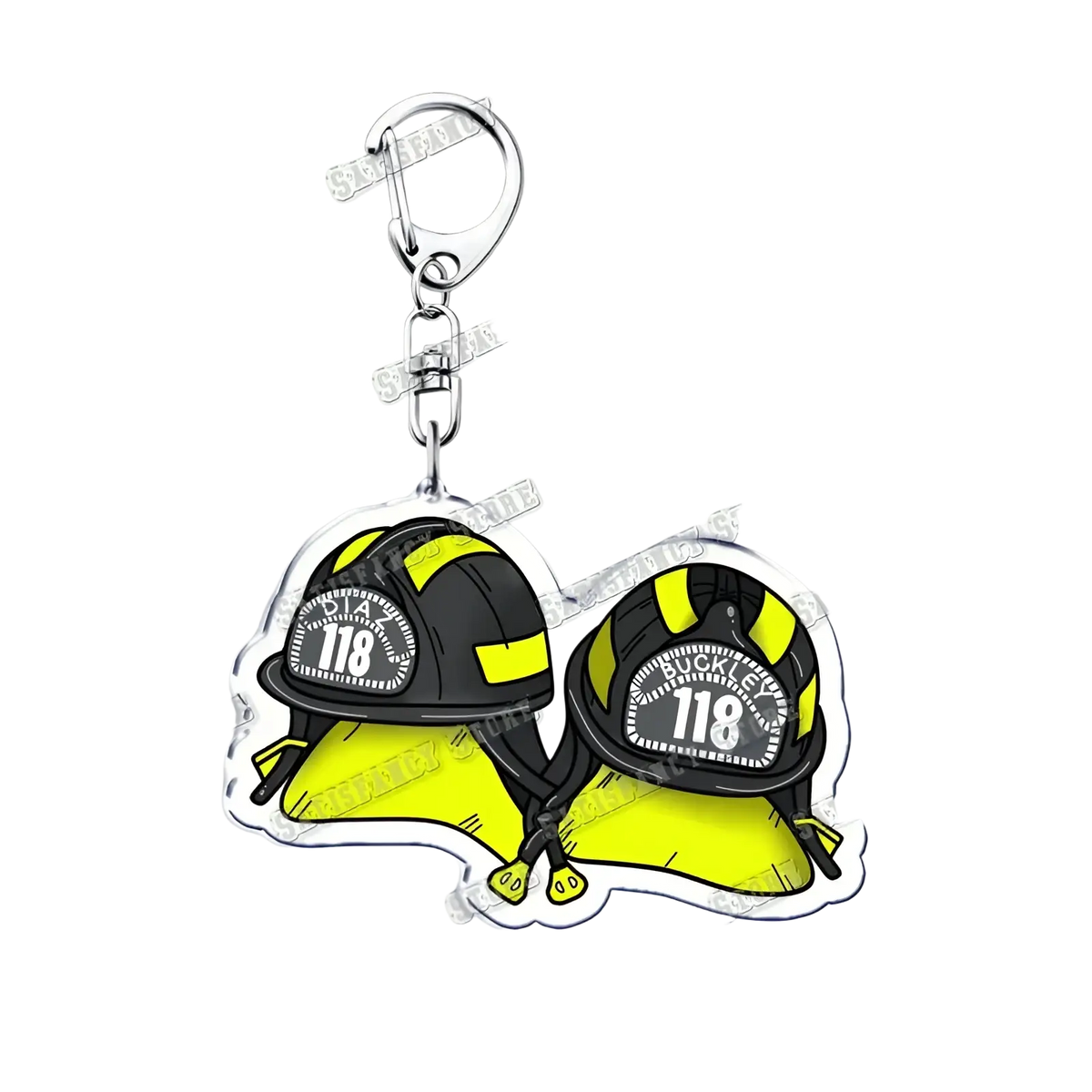 Black and yellow acrylic firefighter helmet keychain with 118 and buckley decals from 9-1-1 tv show gift