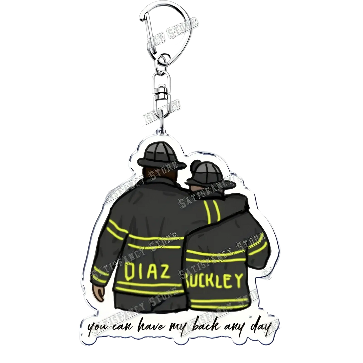 A black and yellow acrylic 9-1-1 tv show keychain featuring firefighter figures diaz and buckley as a sentimental gift