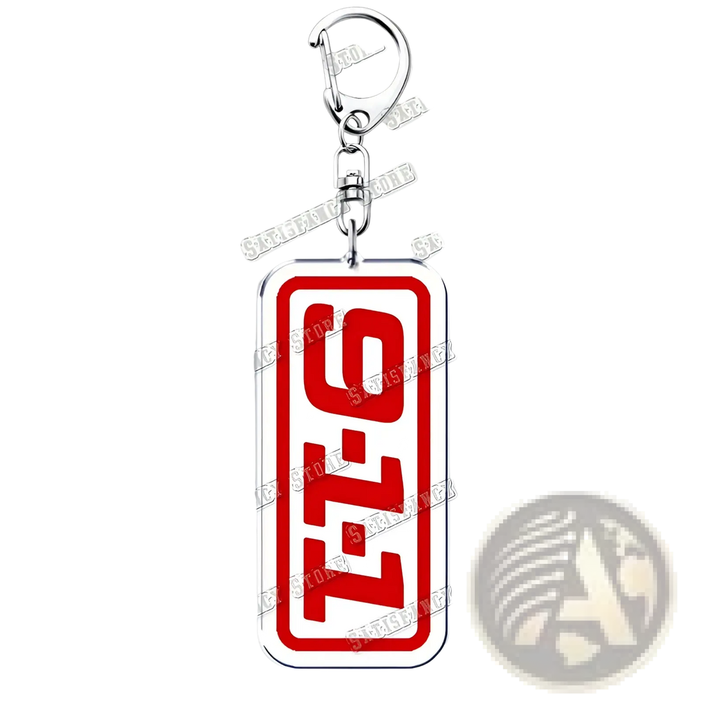 Red and white rectangular acrylic keychain with bold black lettering from 9-1-1 tv show firefighter gift