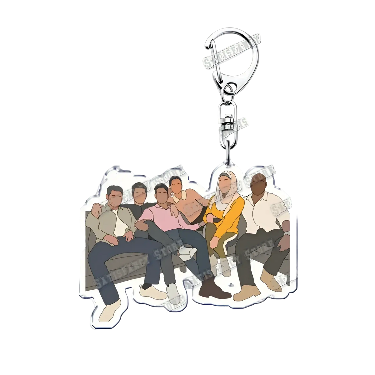 Clear acrylic 9-1-1 tv show keychain with six illustrated characters and silver metal clasp firefighter gift
