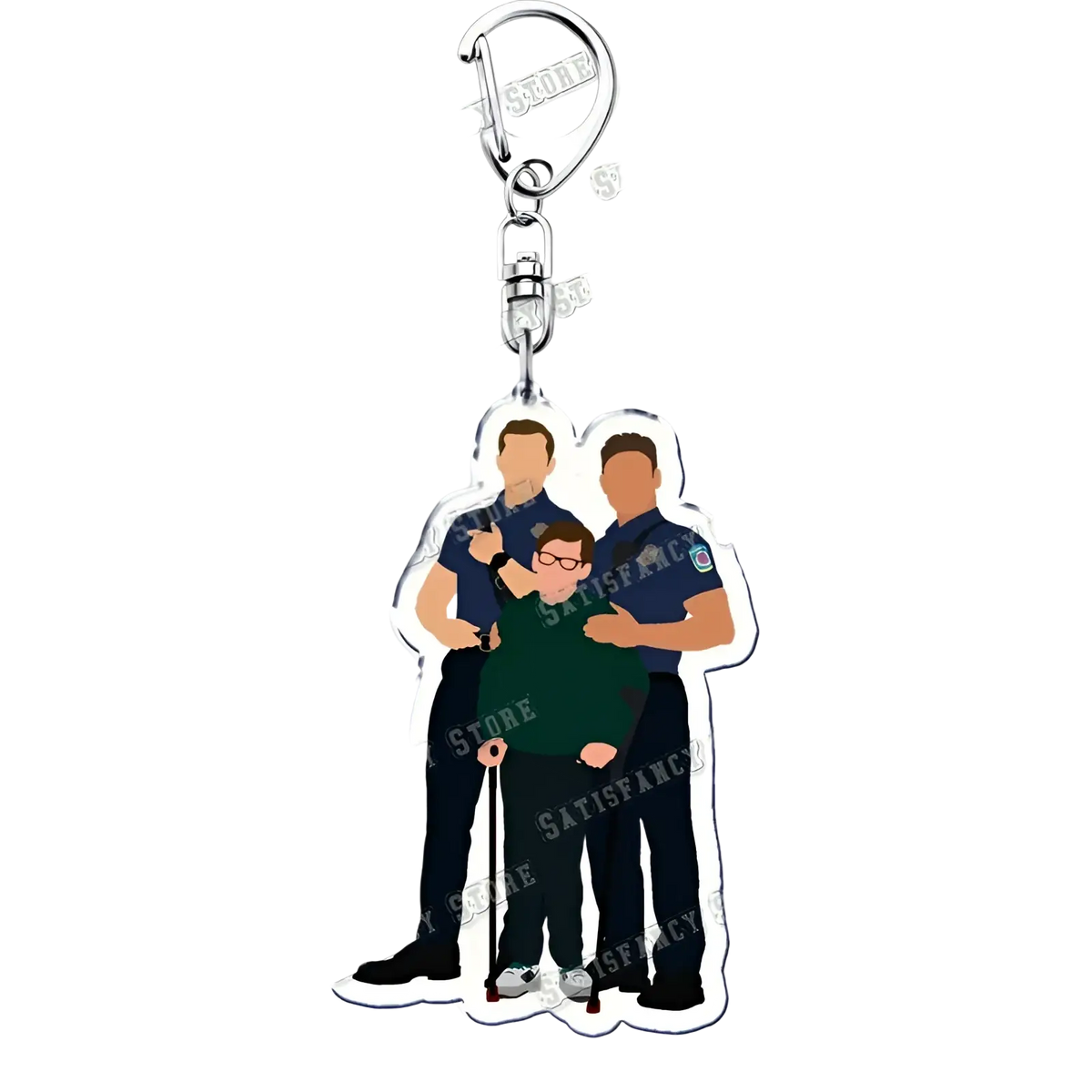 Clear acrylic keychain with cartoon illustration of three police officers including one holding a cane from 9-1-1 tv show