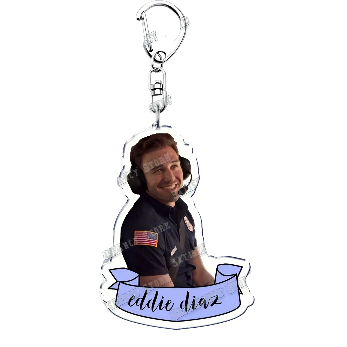 Clear acrylic 9-1-1 tv show keychain featuring firefighter eddie diaz with american flag patch and headphones