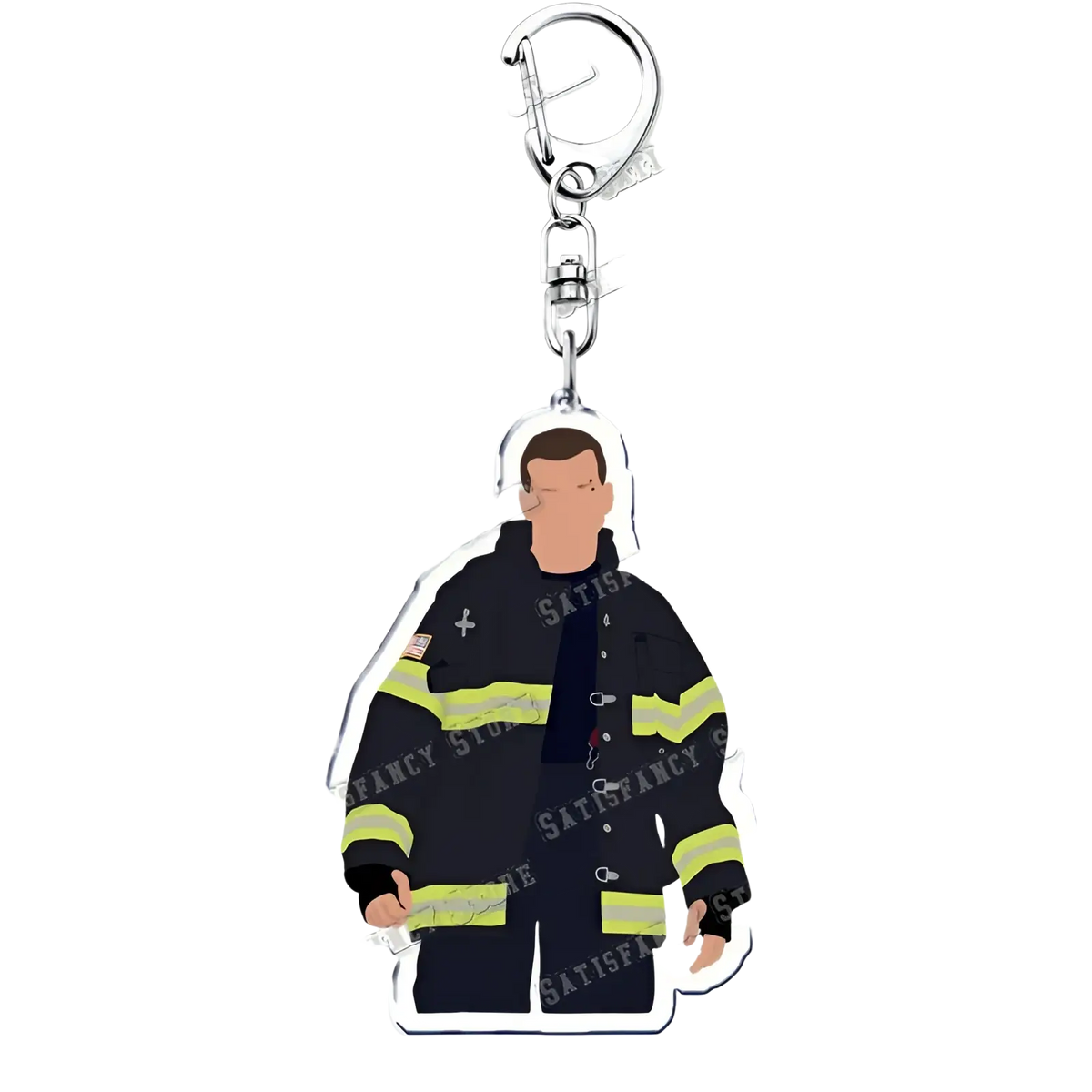 Clear acrylic 9-1-1 tv show keychain featuring a stylized firefighter in black gear with yellow reflective stripes
