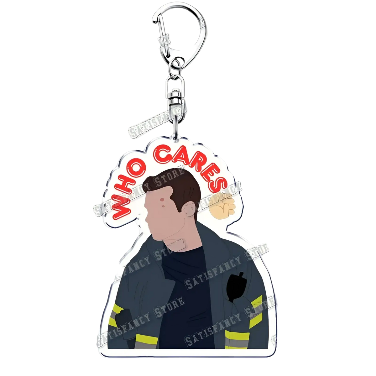 Clear acrylic 9-1-1 tv show keychain featuring a firefighter illustration with yellow stripes and bold red who cares text
