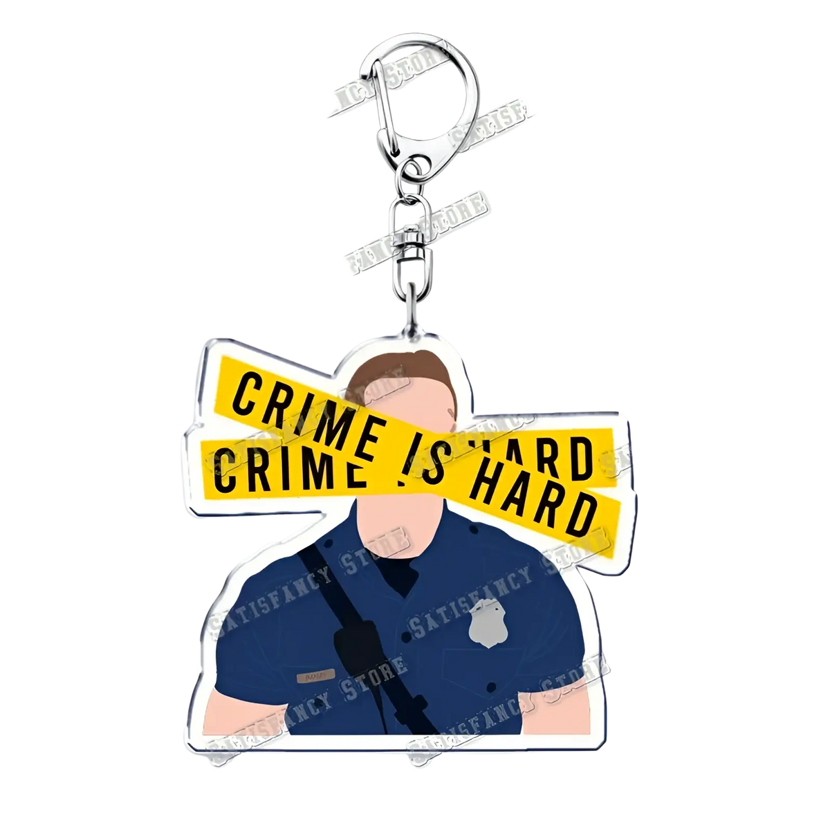 Clear acrylic 9-1-1 TV show keychain featuring a cartoon police officer with yellow crime scene tape and crime is hard text