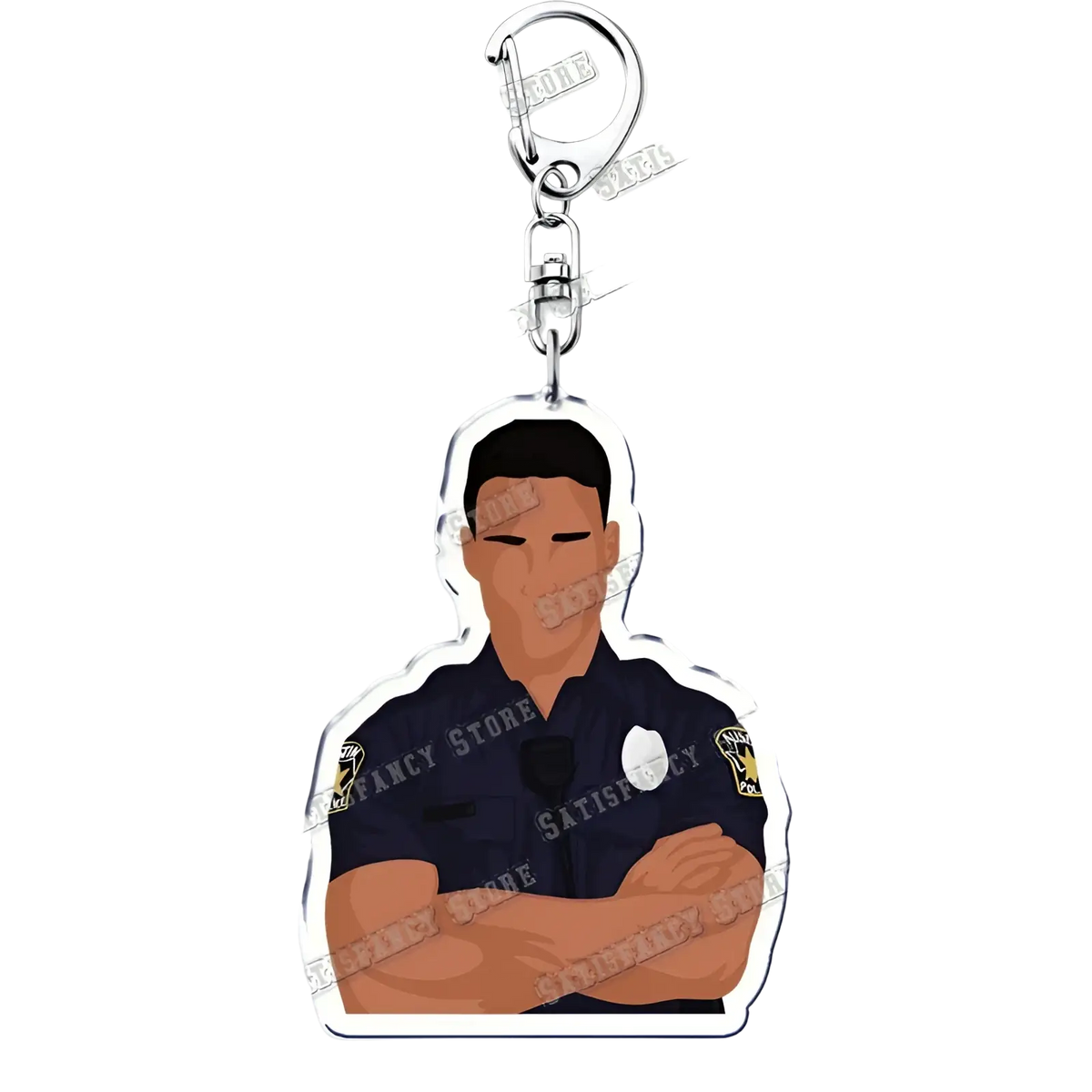 A clear acrylic 9-1-1 tv show keychain featuring a stylized police officer in dark blue uniform with silver clasp