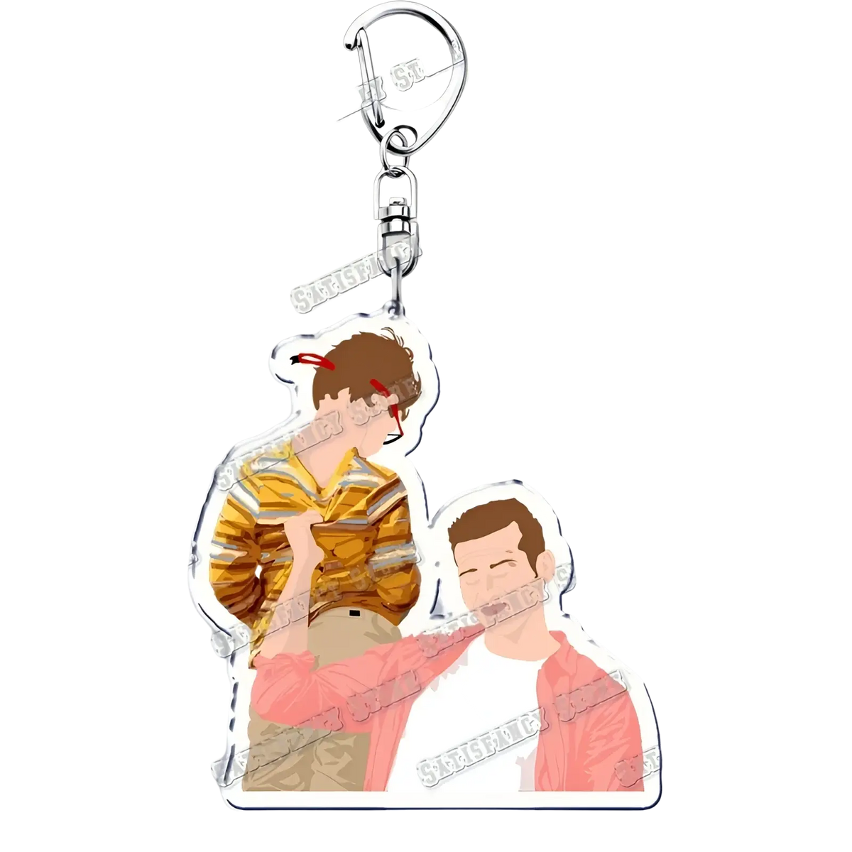 Clear acrylic 9-1-1 tv show keychain featuring two illustrated figures in yellow striped and pink casual attire