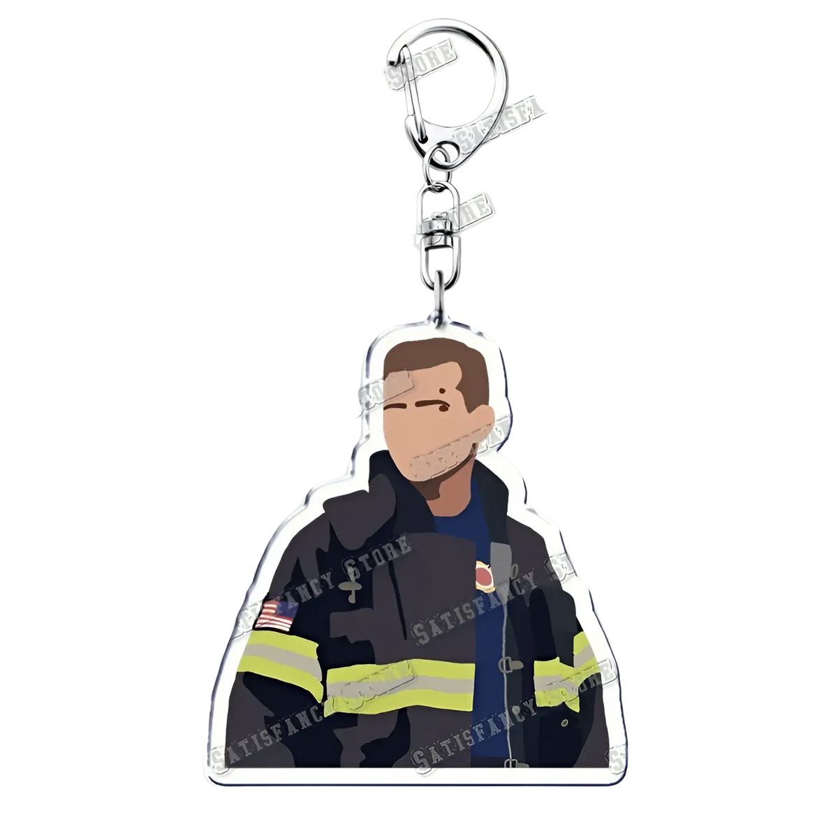 Clear acrylic 9-1-1 tv show keychain featuring a firefighter in black turnout gear with yellow stripes and flag patch