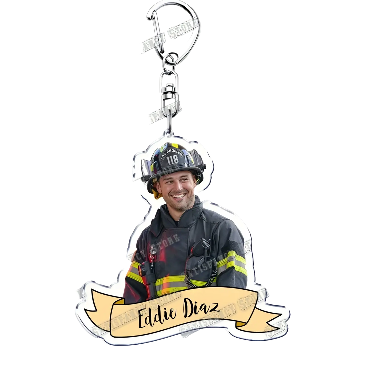 Clear acrylic 9-1-1 tv show keychain with smiling firefighter eddie diaz in black turnout gear and helmet 118