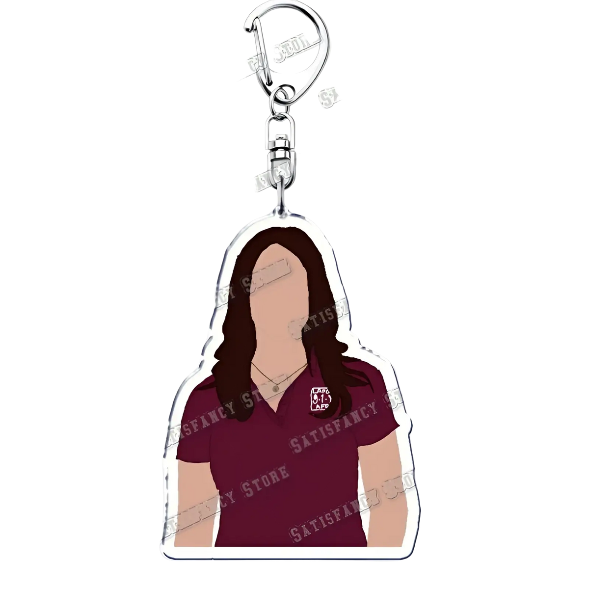 Maroon polo shirt acrylic keychain with stylized female figure and small logo fireman gift from 9-1-1 tv show