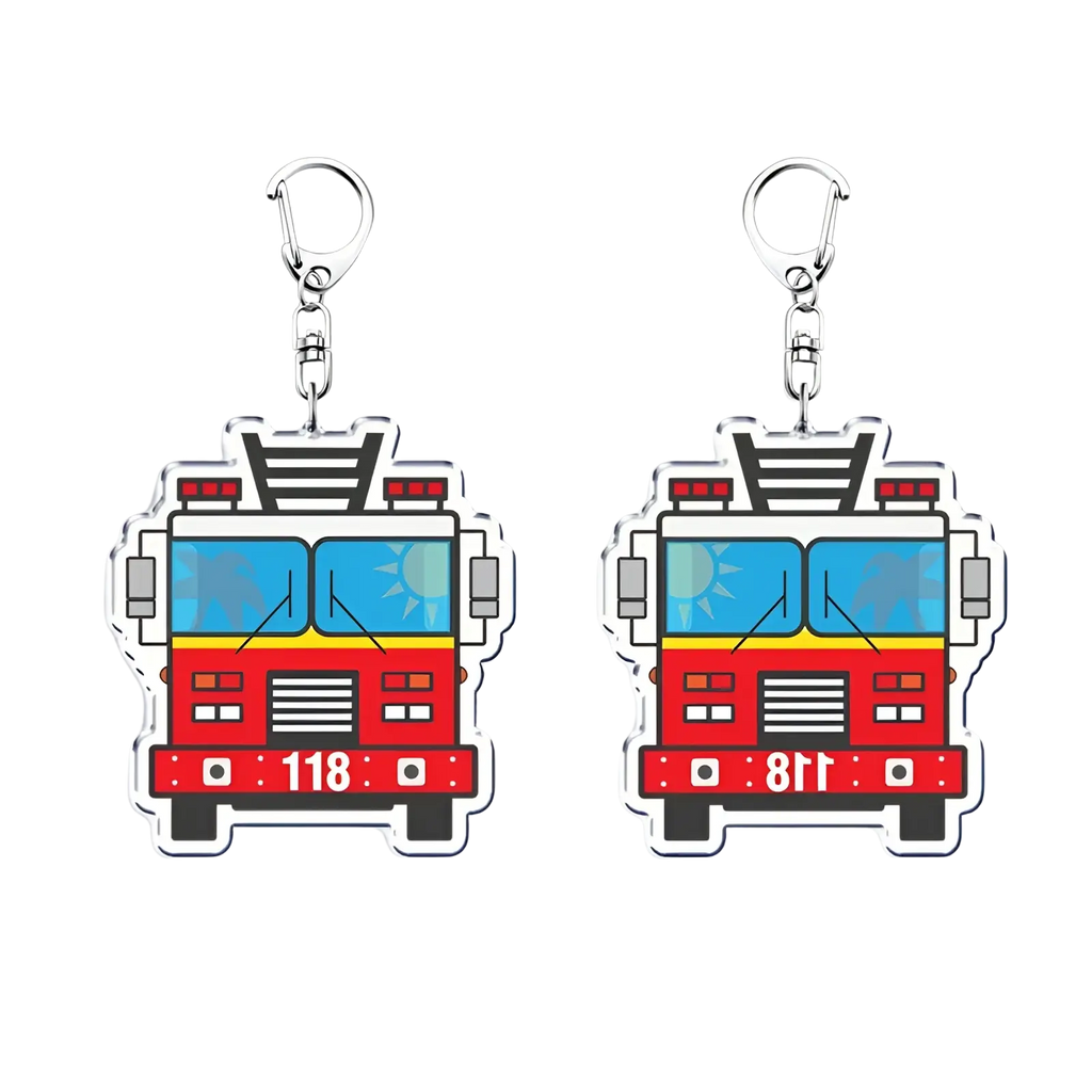 Red and blue cartoon fire truck acrylic keychain with silver metal clip firefighter gift from 9-1-1 tv show