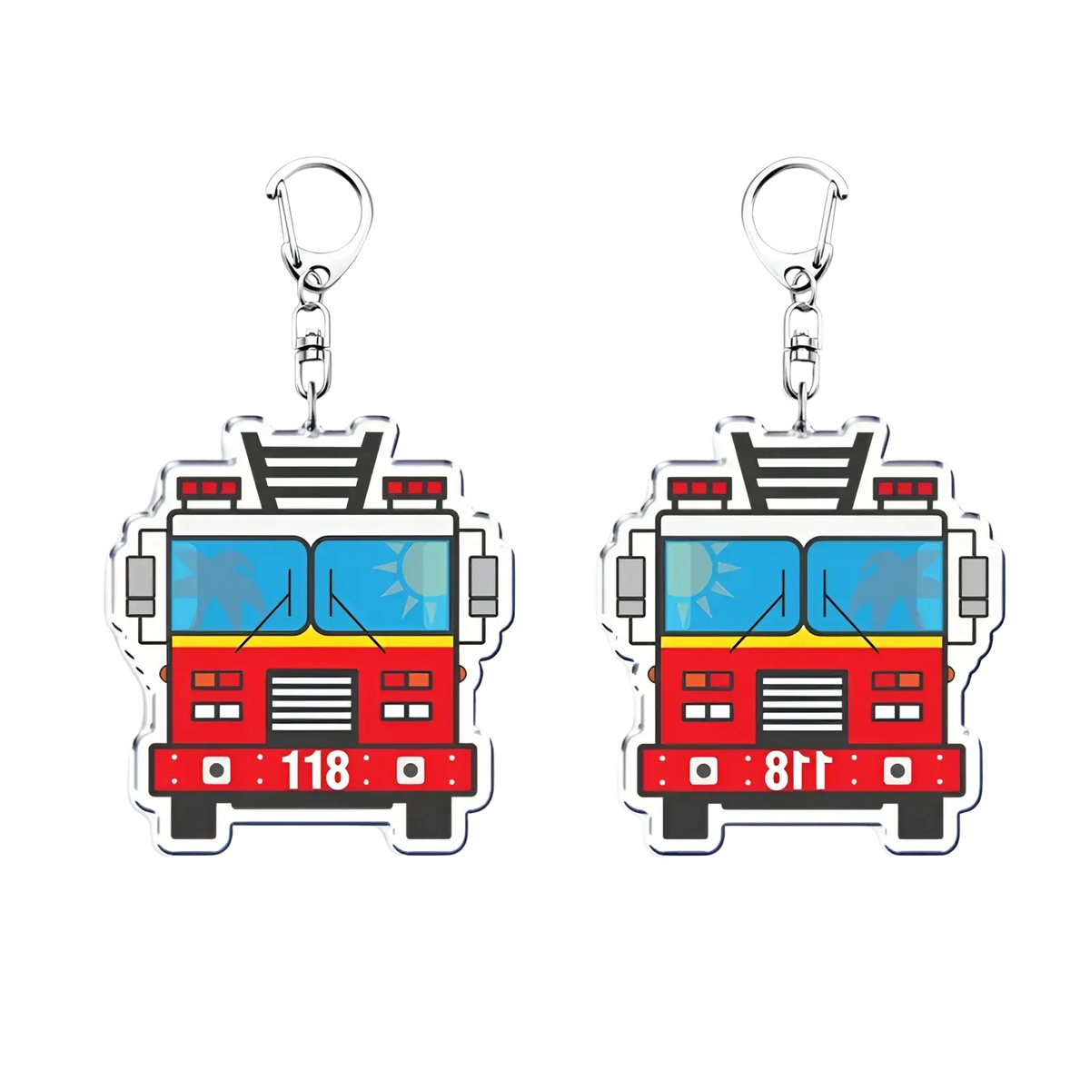 Red and blue cartoon fire truck acrylic keychain with silver metal clip firefighter gift from 9-1-1 tv show