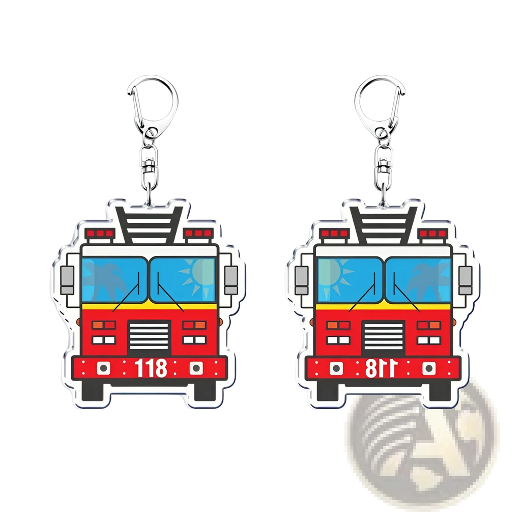 Red and blue cartoon fire truck acrylic keychain with silver metal clip firefighter gift from 9-1-1 tv show