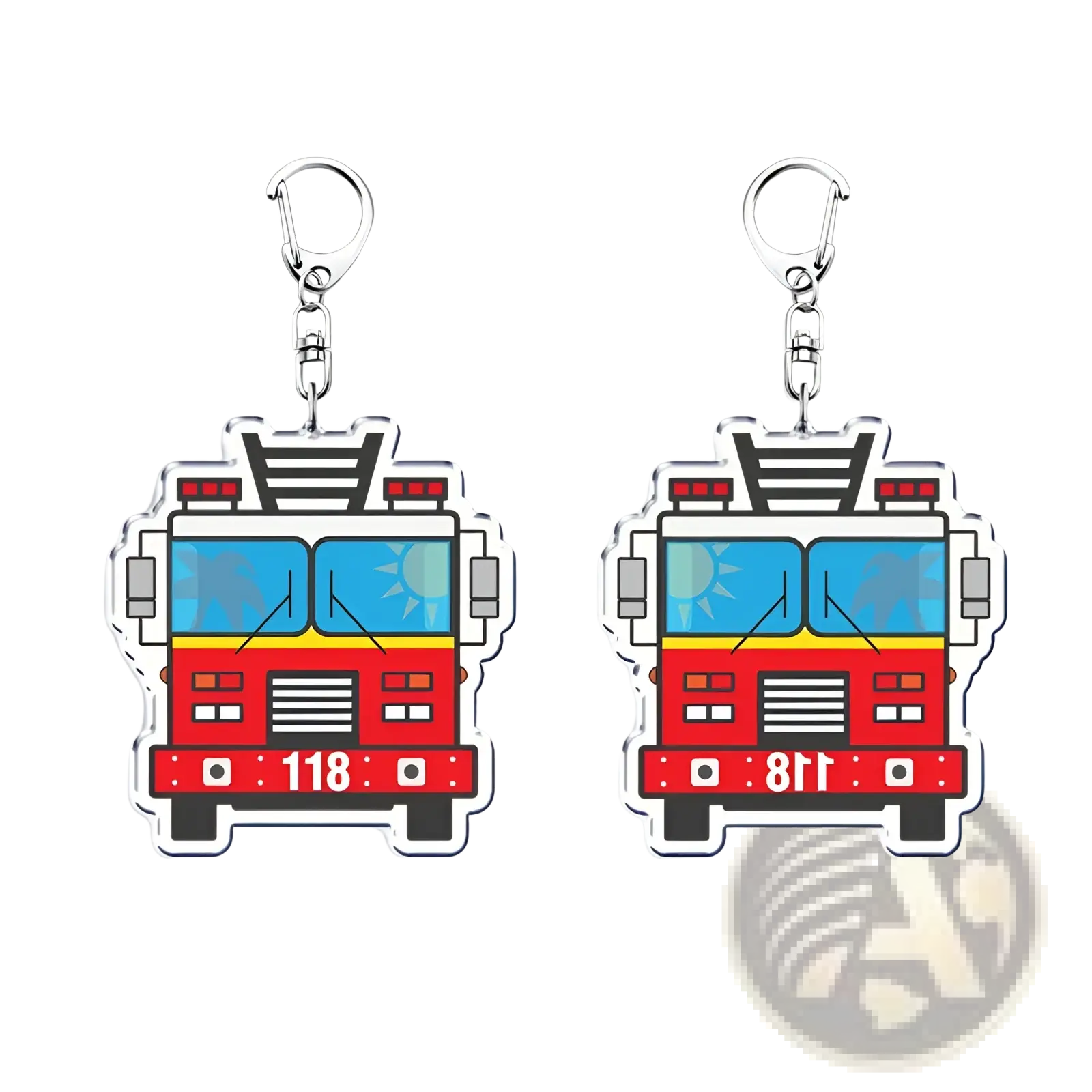 Red and blue cartoon fire truck acrylic keychain with silver metal clip firefighter gift from 9-1-1 tv show