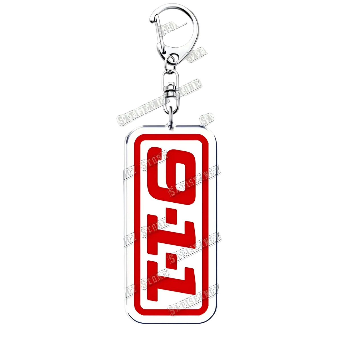 Red and white rectangular acrylic keychain with bold black lettering from 9-1-1 tv show firefighter gift