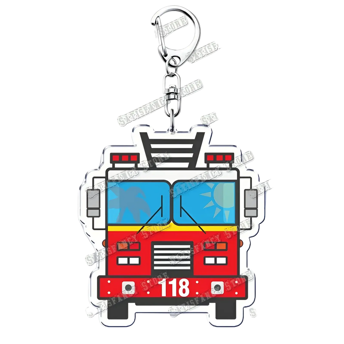Red and yellow acrylic fire truck keychain with blue windows showing sun and palm tree featuring number 118 for firefighter gift