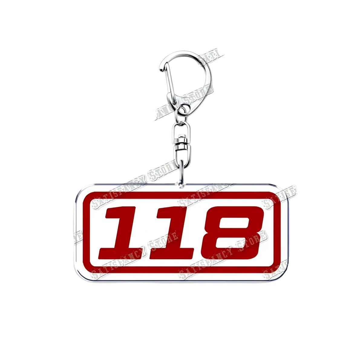 Silver acrylic rectangular keychain with bold red 118 numerals on white background for 9-1-1 tv show firefighter gift