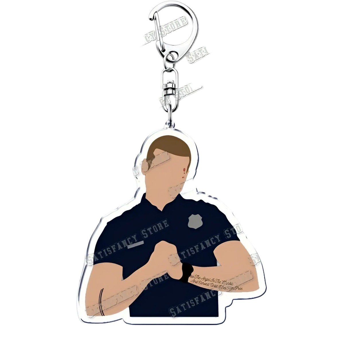 Acrylic keychain featuring a translucent police officer illustration in navy uniform with badge and tattoo, 9-1-1 tv show gift