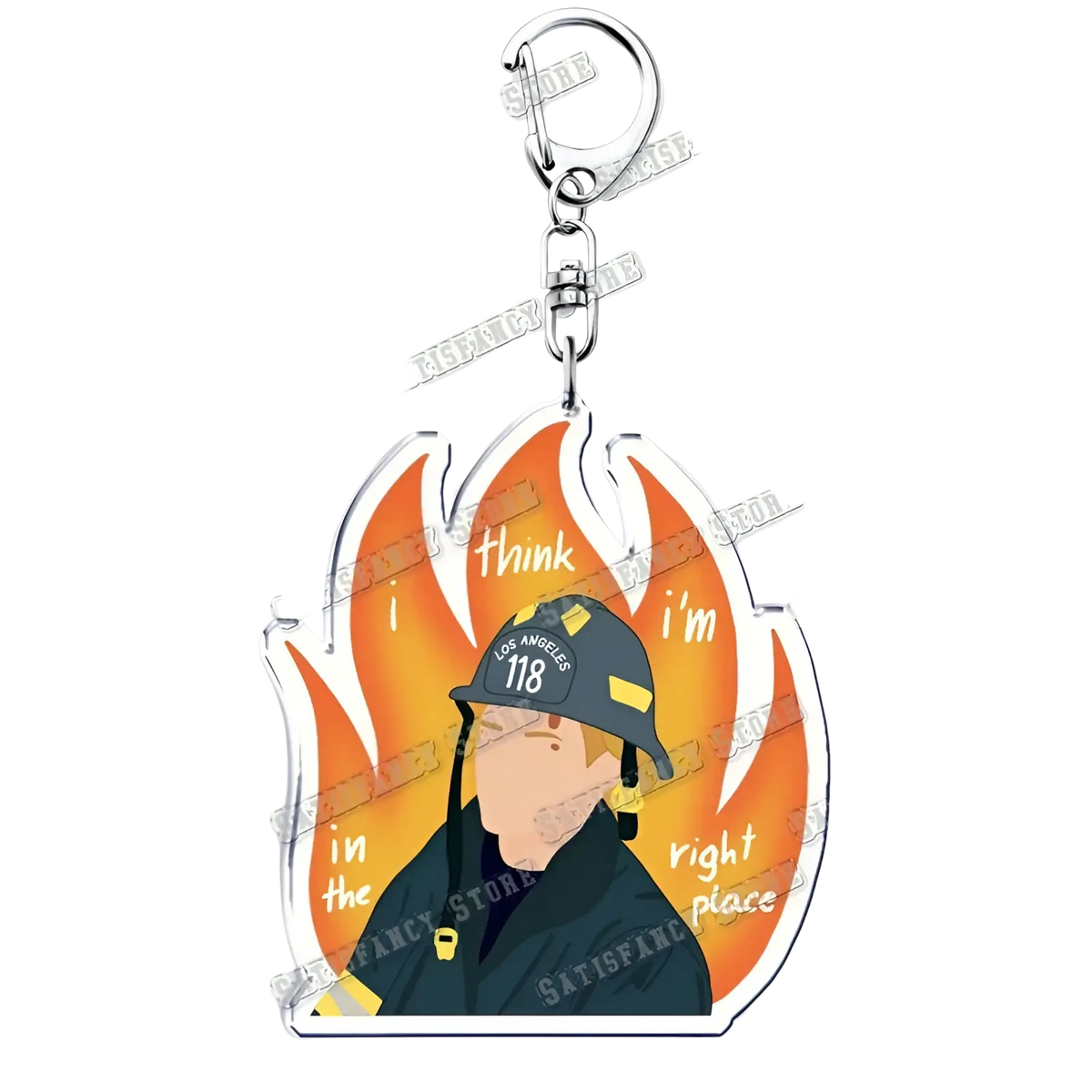 A translucent orange and yellow flame-shaped acrylic keychain featuring a cartoon firefighter from 9-1-1 TV show