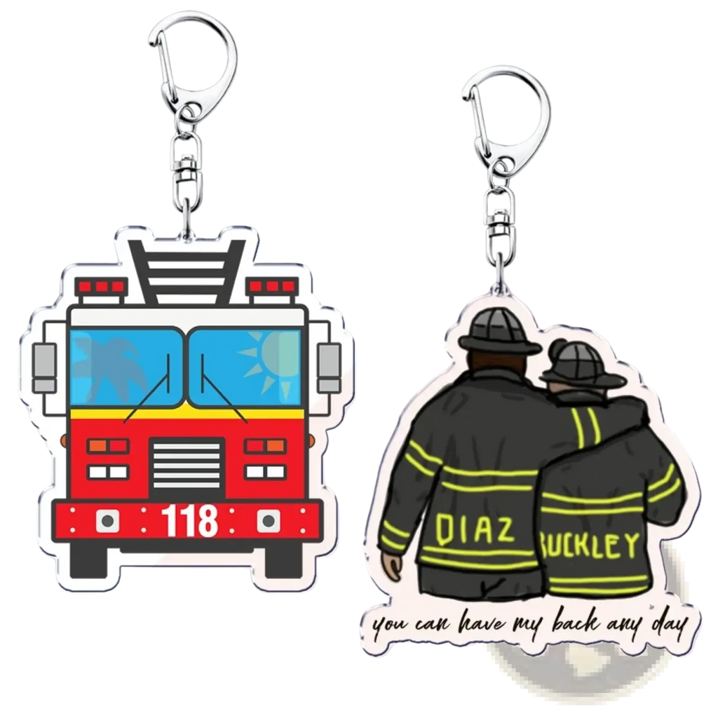 Two clear acrylic 9-1-1 tv show keychains featuring a red fire truck and firefighters in black uniforms as a firefighter gift