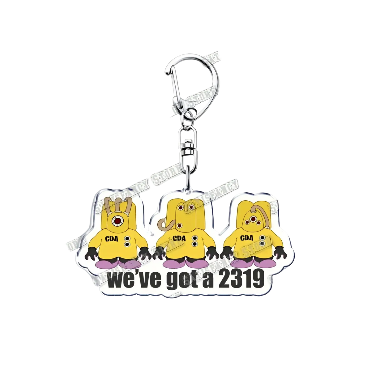 Yellow acrylic 9-1-1 tv show keychain with three cartoon cda characters and purple shoes attached to silver clasp