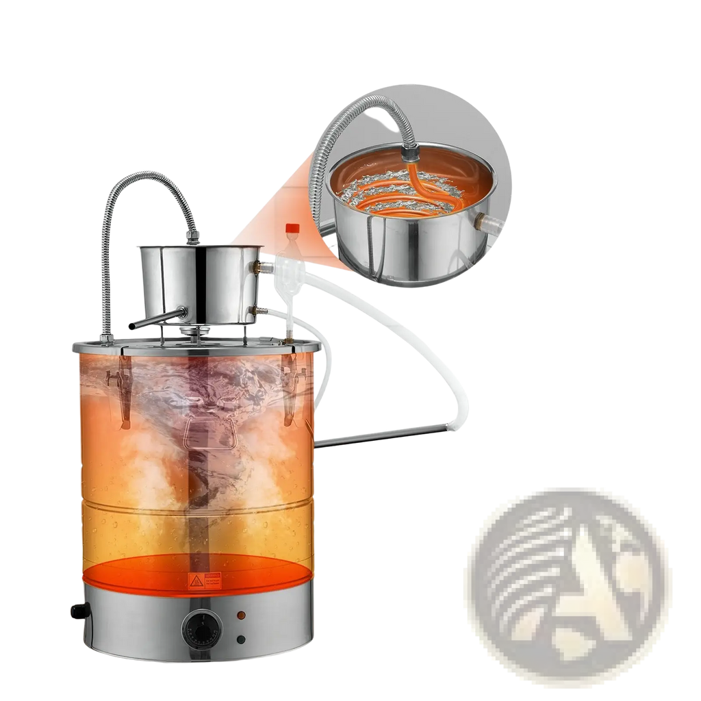 9 gal water alcohol distiller with stainless steel and transparent orange plastic still featuring silver condenser base