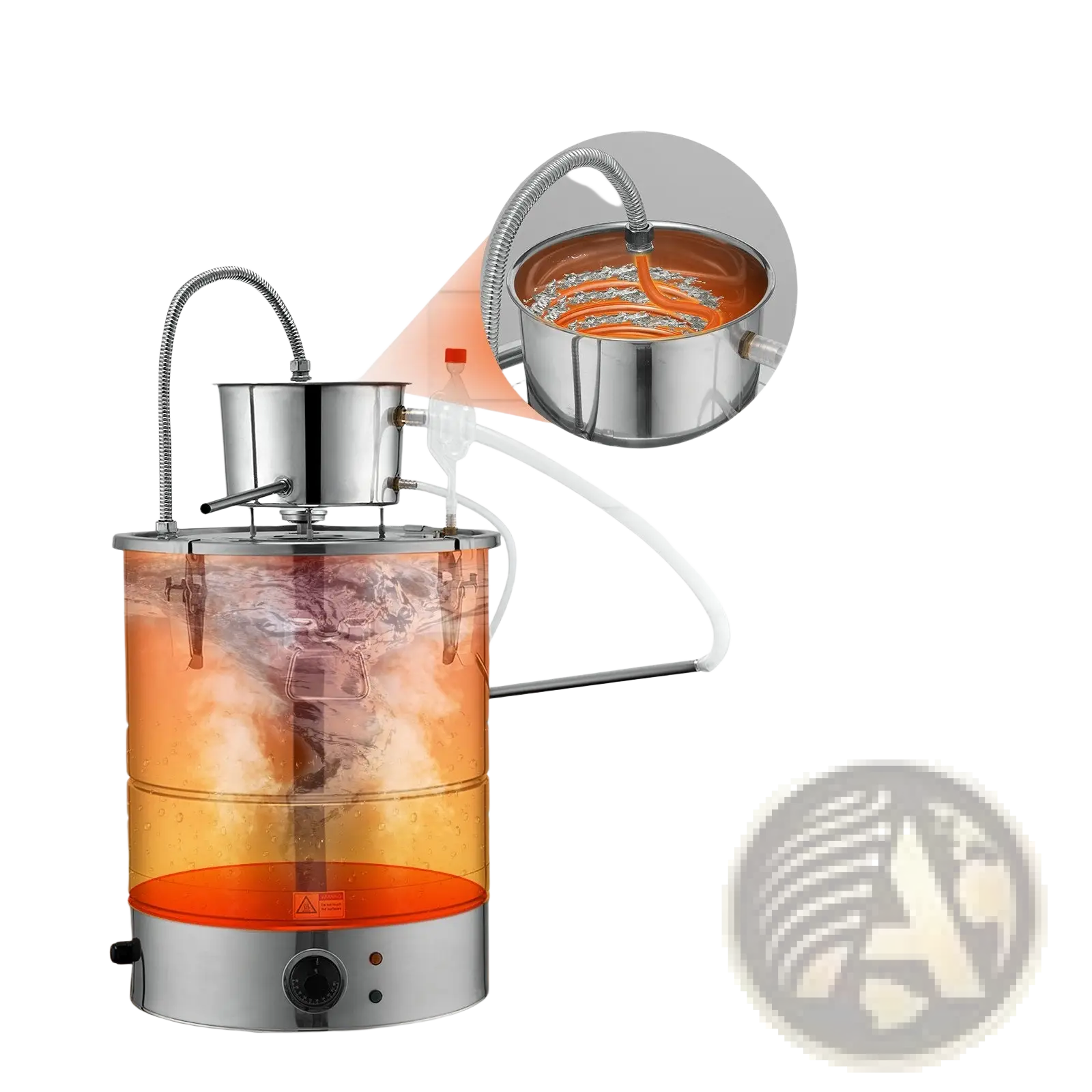9 gal water alcohol distiller with stainless steel and transparent orange plastic still featuring silver condenser base