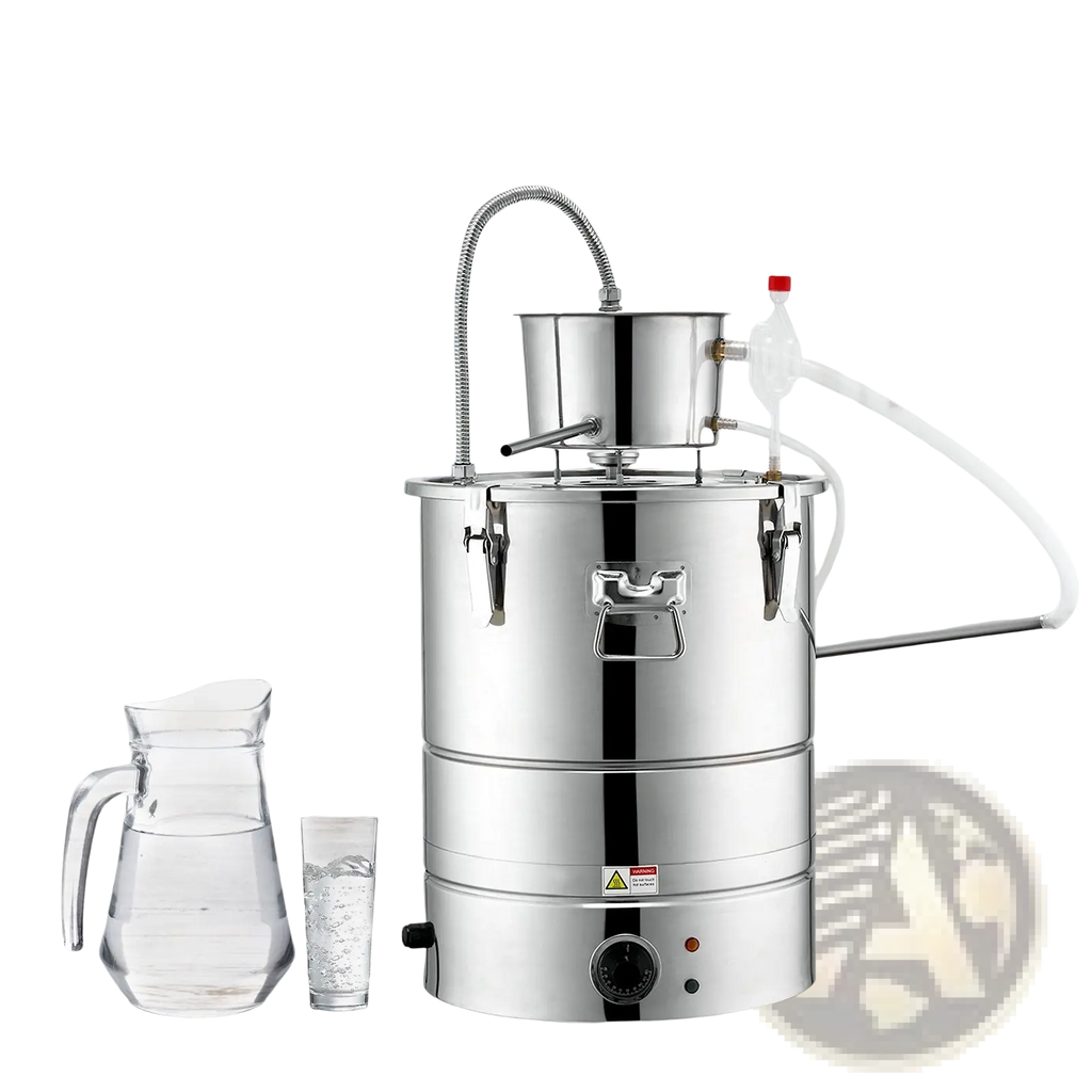 Stainless steel 9 gal three-tiered electric water alcohol distiller with curved gooseneck spout and white tubing