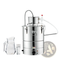 Stainless steel 9 gal three-tiered electric water alcohol distiller with curved gooseneck spout and white tubing