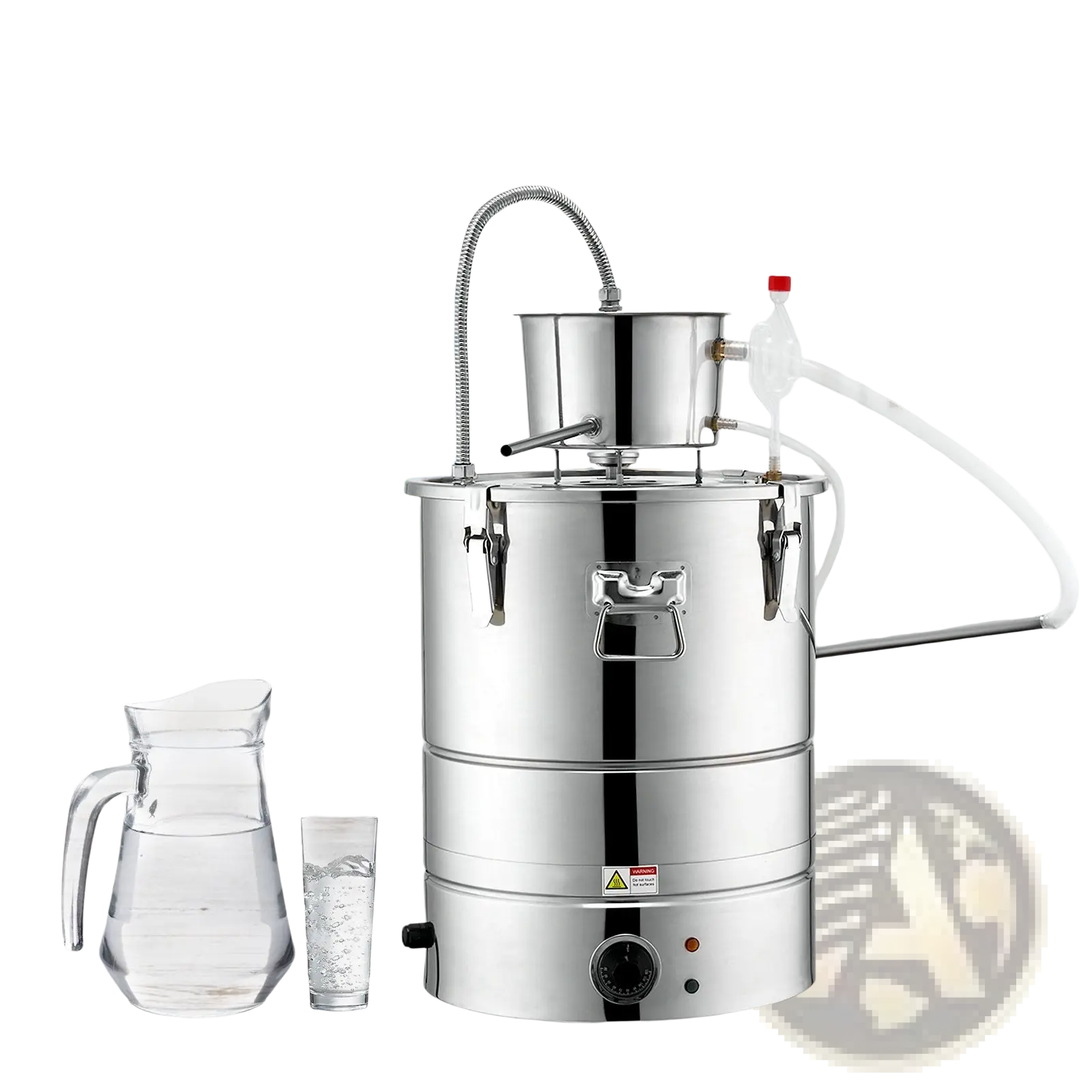 Stainless steel 9 gal three-tiered electric water alcohol distiller with curved gooseneck spout and white tubing