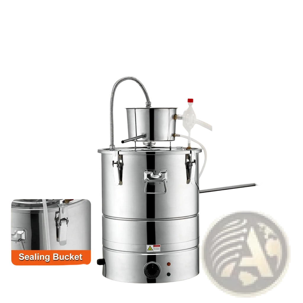 Stainless steel 9 gal water alcohol distiller with multi-tier design sleek reflective finish and integrated handle