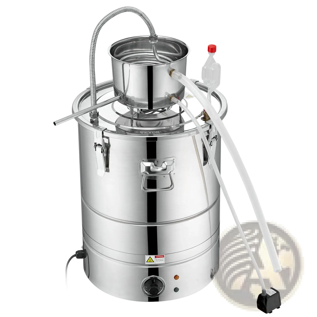 Stainless steel multi-tiered 9 gal water alcohol distiller with clear plastic collection bottle and flexible tubing electric kit