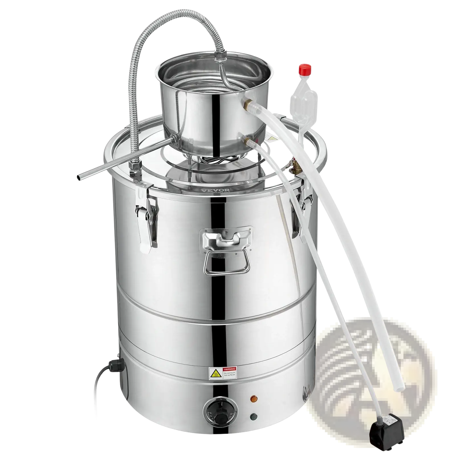 Stainless steel multi-tiered 9 gal water alcohol distiller with clear plastic collection bottle and flexible tubing electric kit