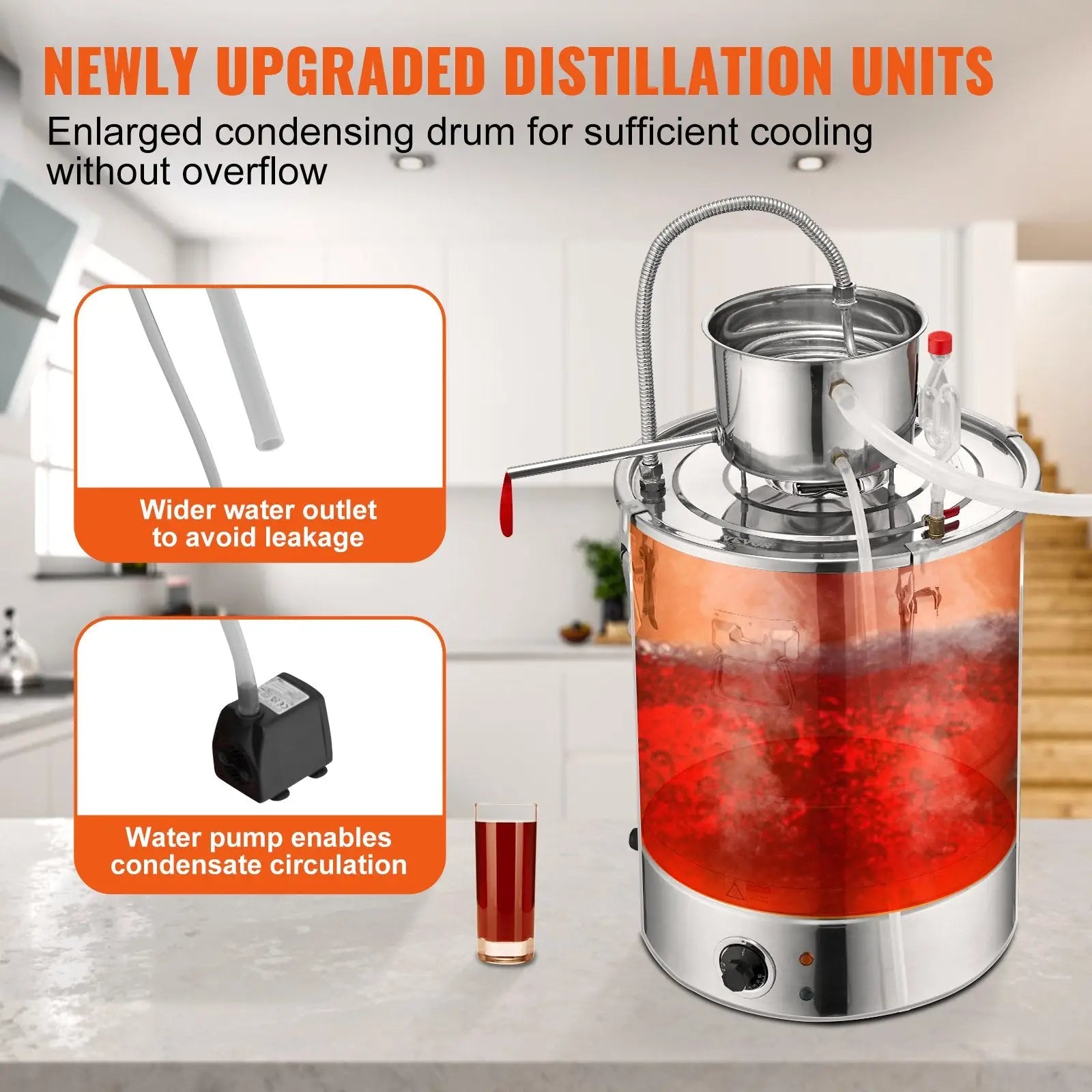 Stainless steel 9 gal water alcohol distiller with clear red liquid body and enlarged condensing drum electric kit