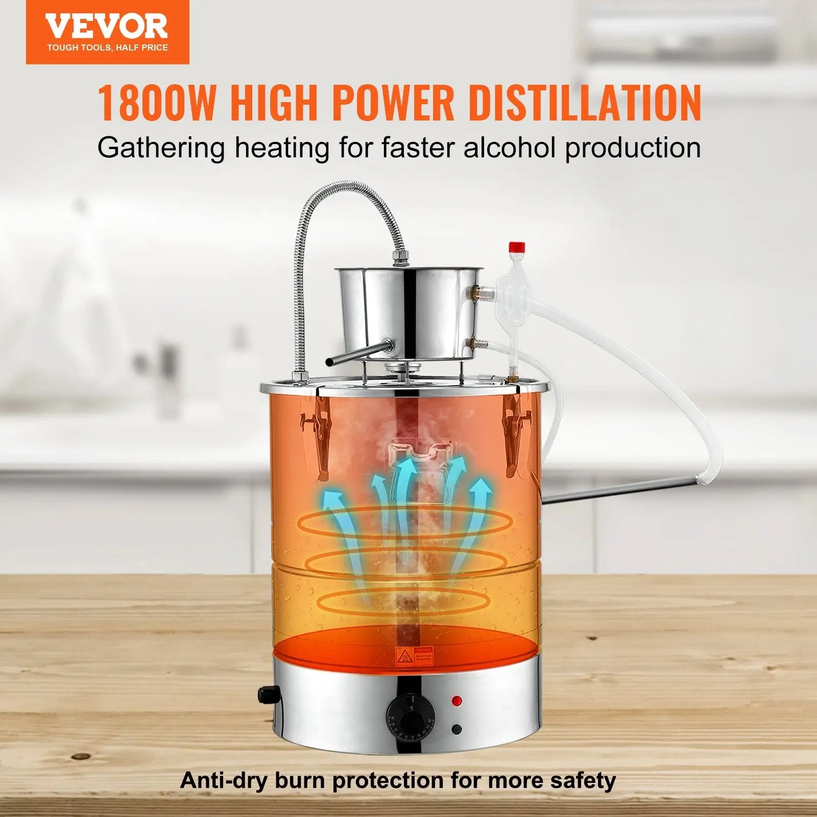 9 gal water alcohol distiller with 1800w electric stainless steel apparatus featuring transparent orange body and silver base