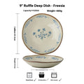 Cream-colored ceramic 9-inch deep dish plate with ruffle edge and delicate blue floral leaf patterns