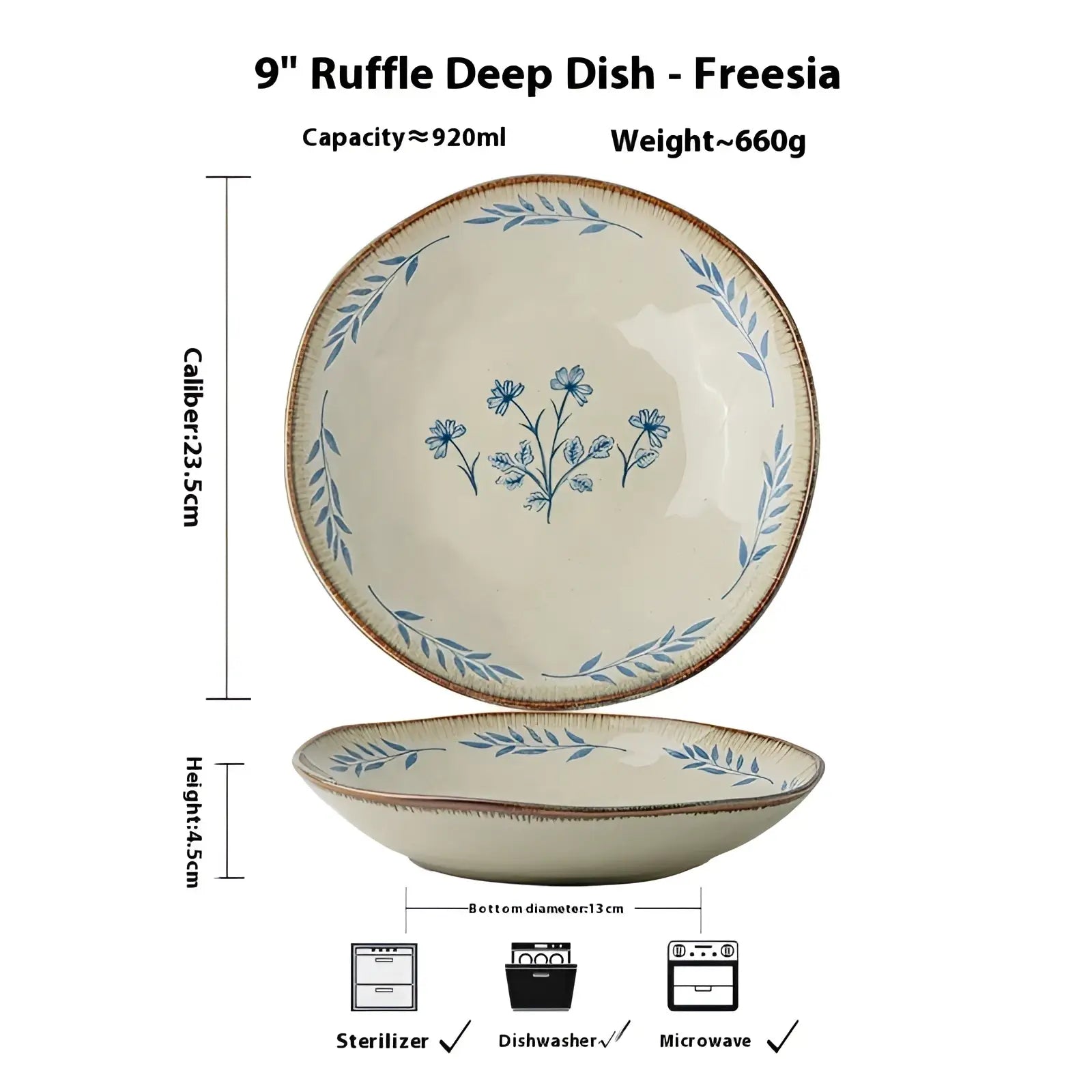 Cream-colored ceramic 9-inch deep dish plate with ruffle edge and delicate blue floral leaf patterns