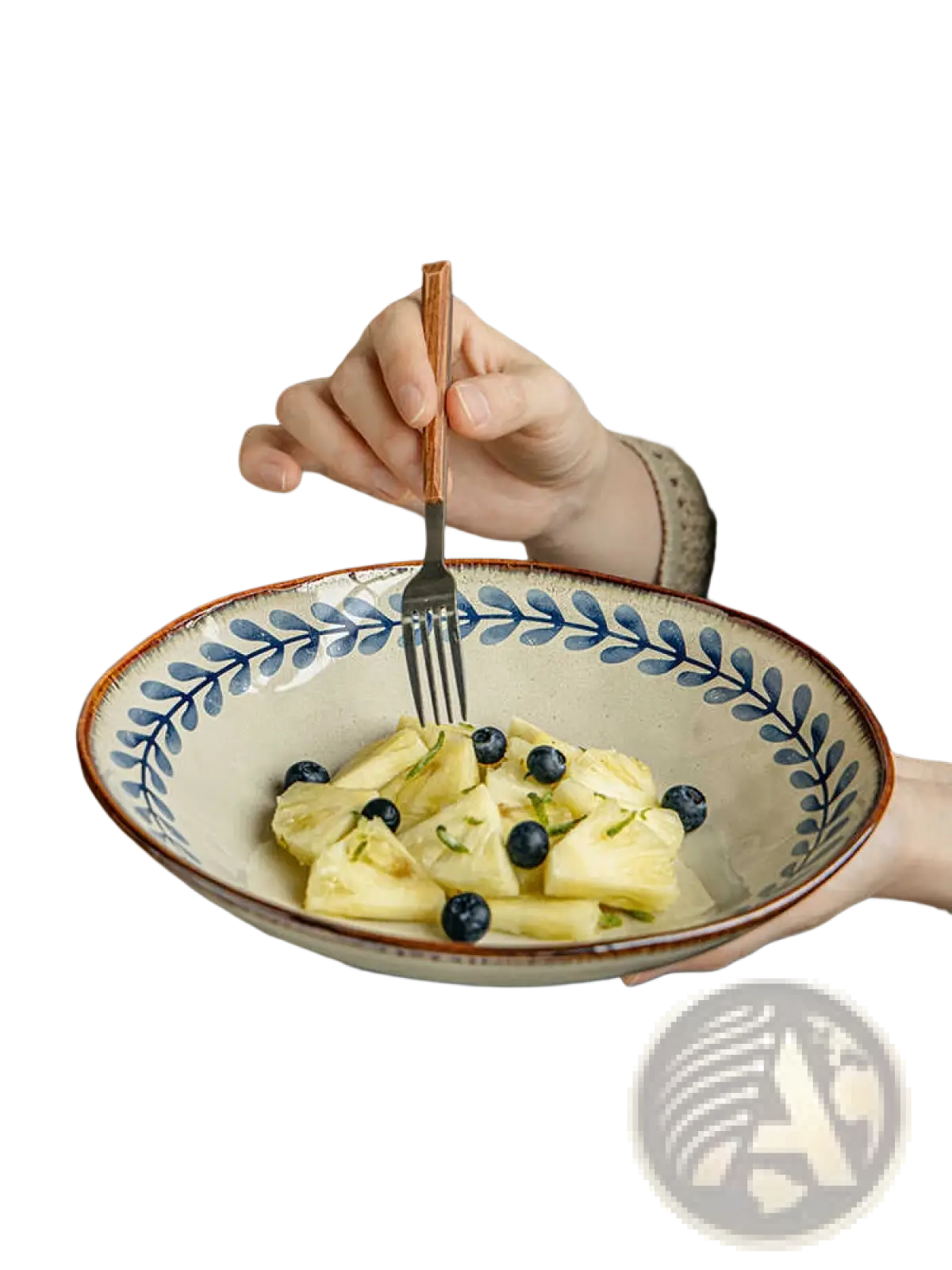 9-inch ceramic deep plate with beige interior blue leaf-patterned rim and brown glazed edge