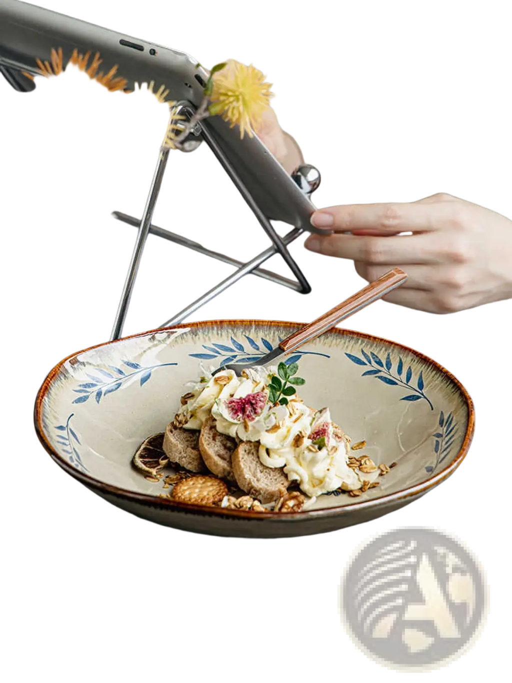 Cream-colored ceramic 9-inch deep plate with rustic brown rim and delicate blue leaf pattern for serving