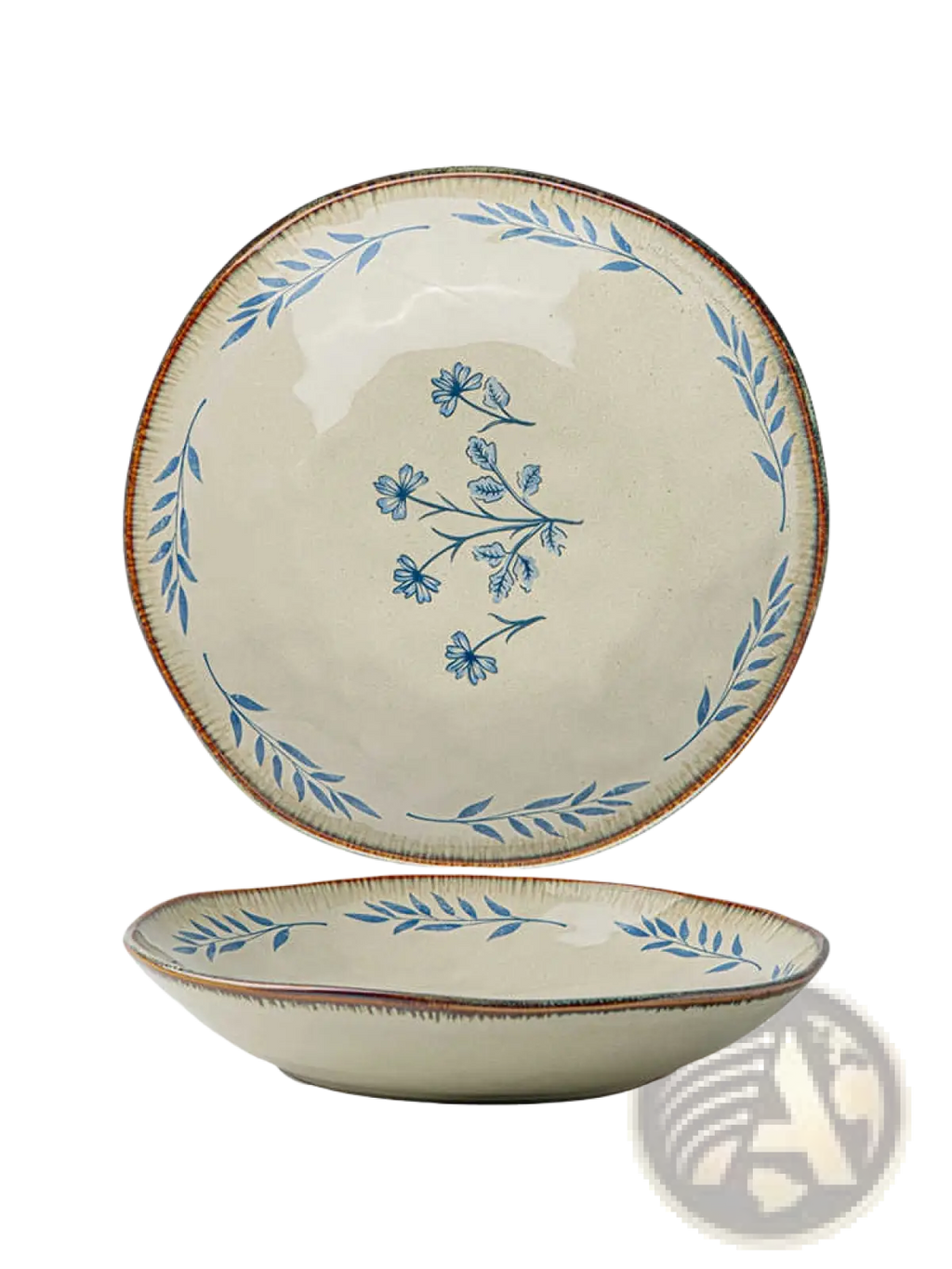 Cream-colored 9-inch ceramic deep plate with blue leaf pattern and rustic brown rim for elegant dining