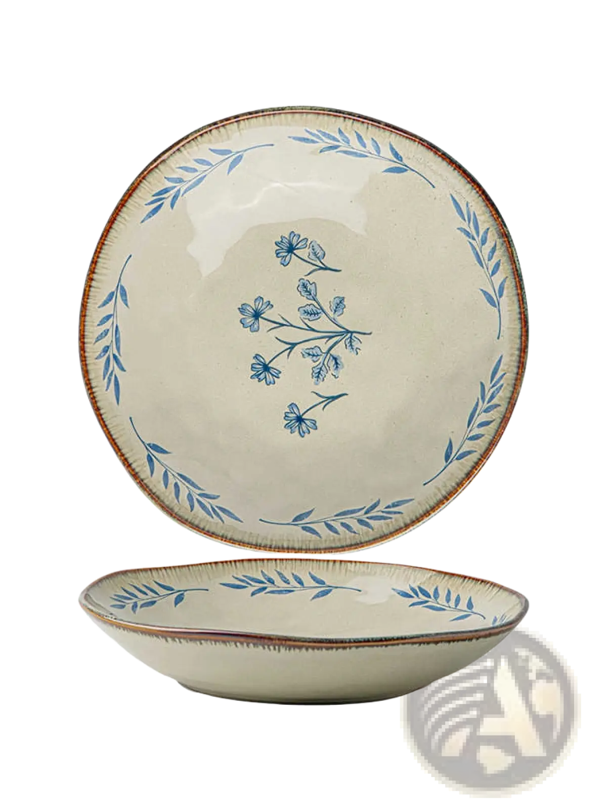 Cream-colored 9-inch ceramic deep plate with blue leaf pattern and rustic brown rim for elegant dining