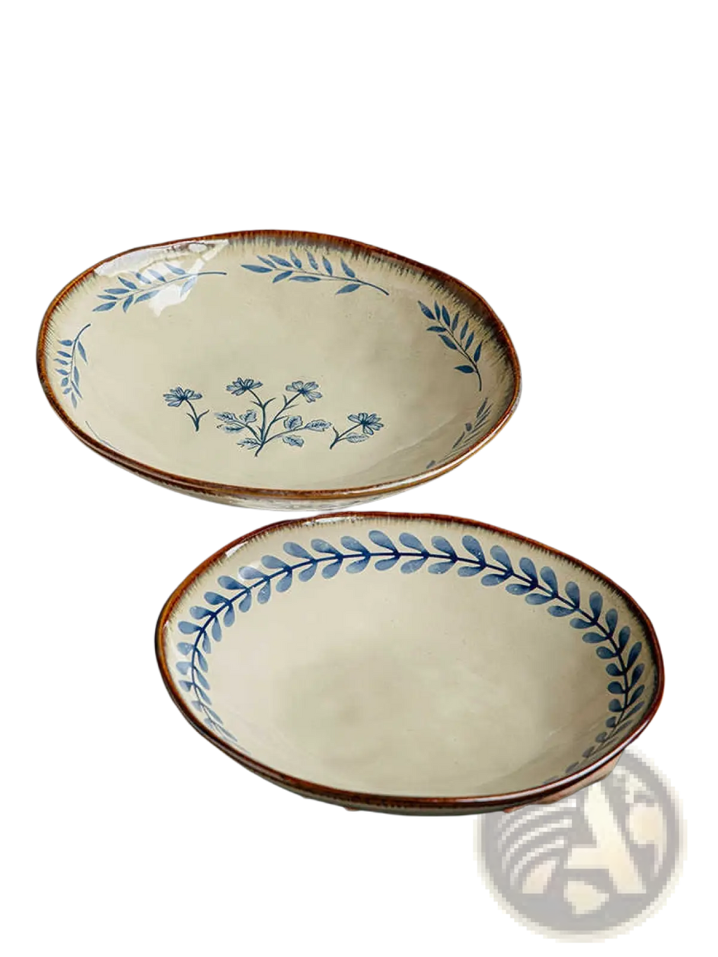 Two cream ceramic 9-inch deep plates with blue floral leaf patterns and rustic brown rims for elegant dining