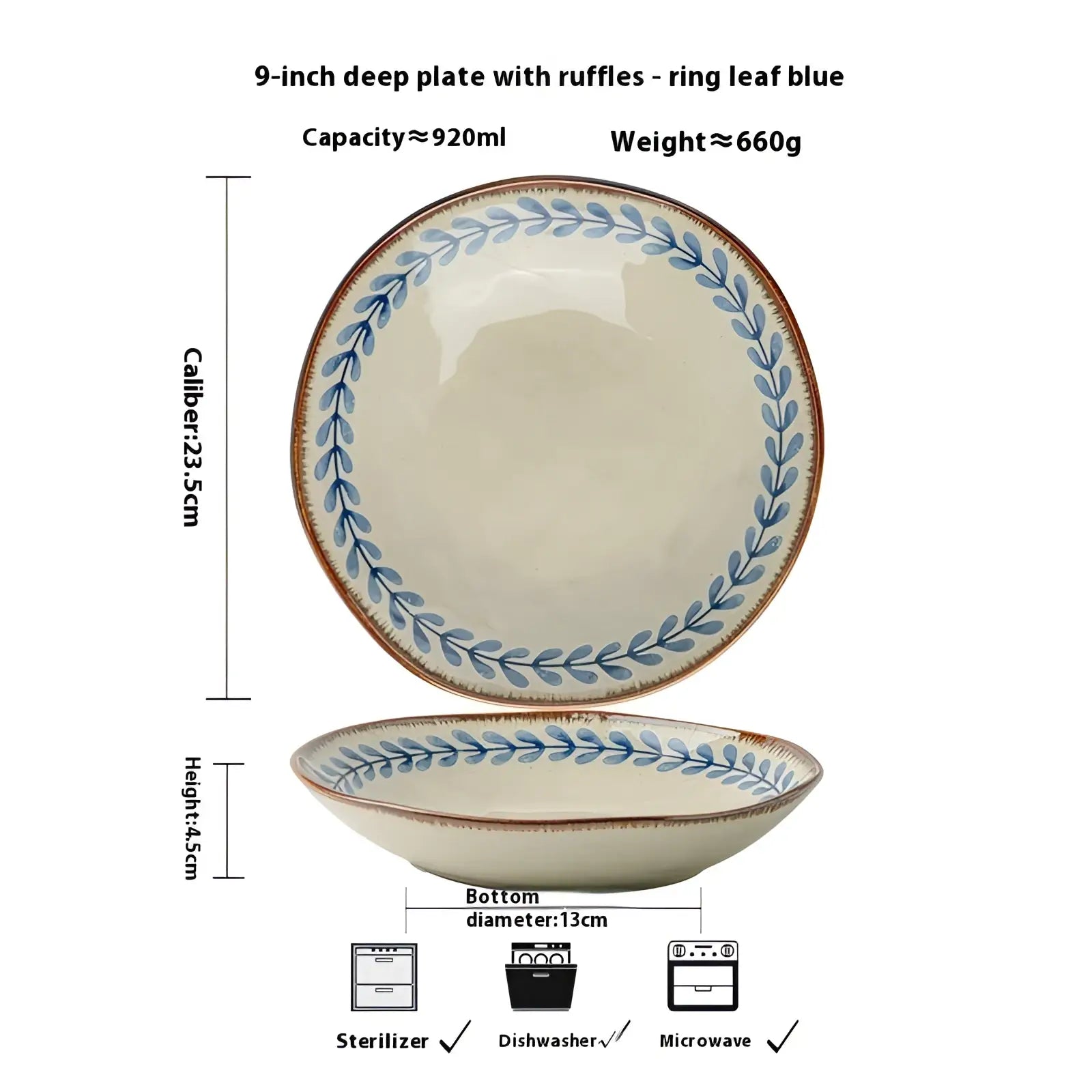 Cream-colored 9-inch ceramic deep plate with blue leaf pattern and brown rim for elegant dining use