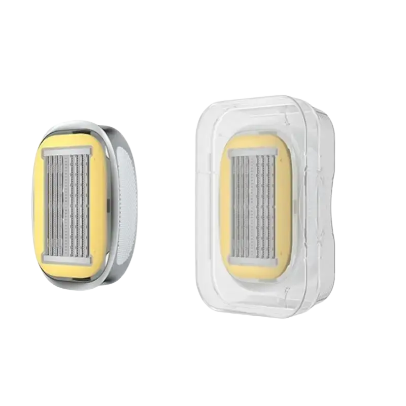 Clear plastic case holding a yellow and silver 9-layer razor replacement blade head cartridge for shaving precision