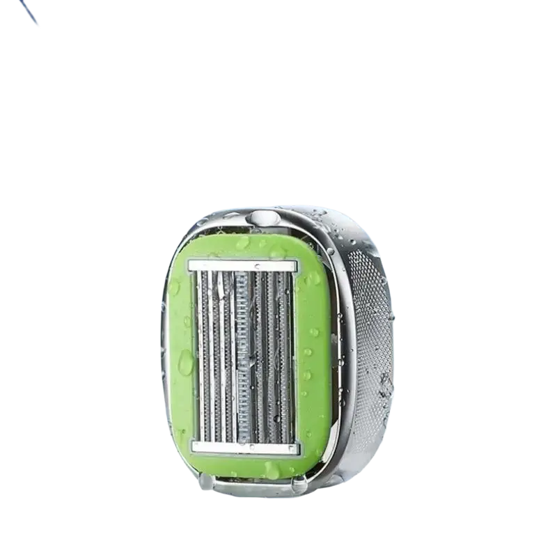 Green and silver 9-layer razor replacement blade head with progressive open blade structure for precise shaving