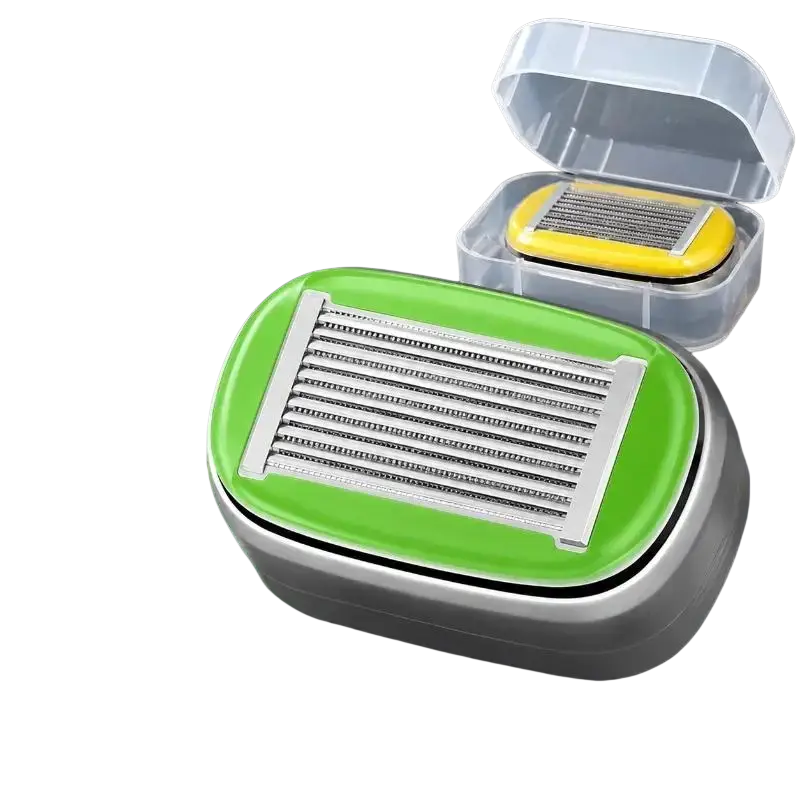 Green and silver electric 9-layer razor with yellow replacement blade head in clear plastic case for precise shaving