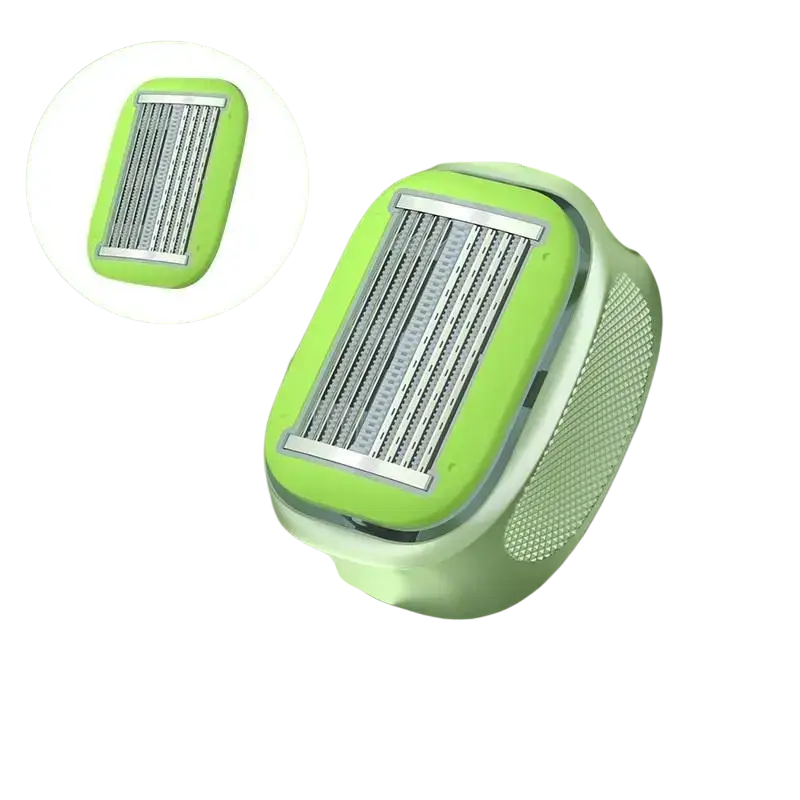Lime green and white 9-layer razor replacement blade head with sleek modern design featuring multiple silver blades