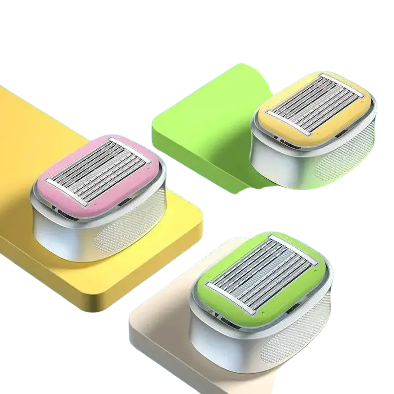 Manual bald head 9-layer razor replacement blade head with pink yellow green handles and silver metallic bodies